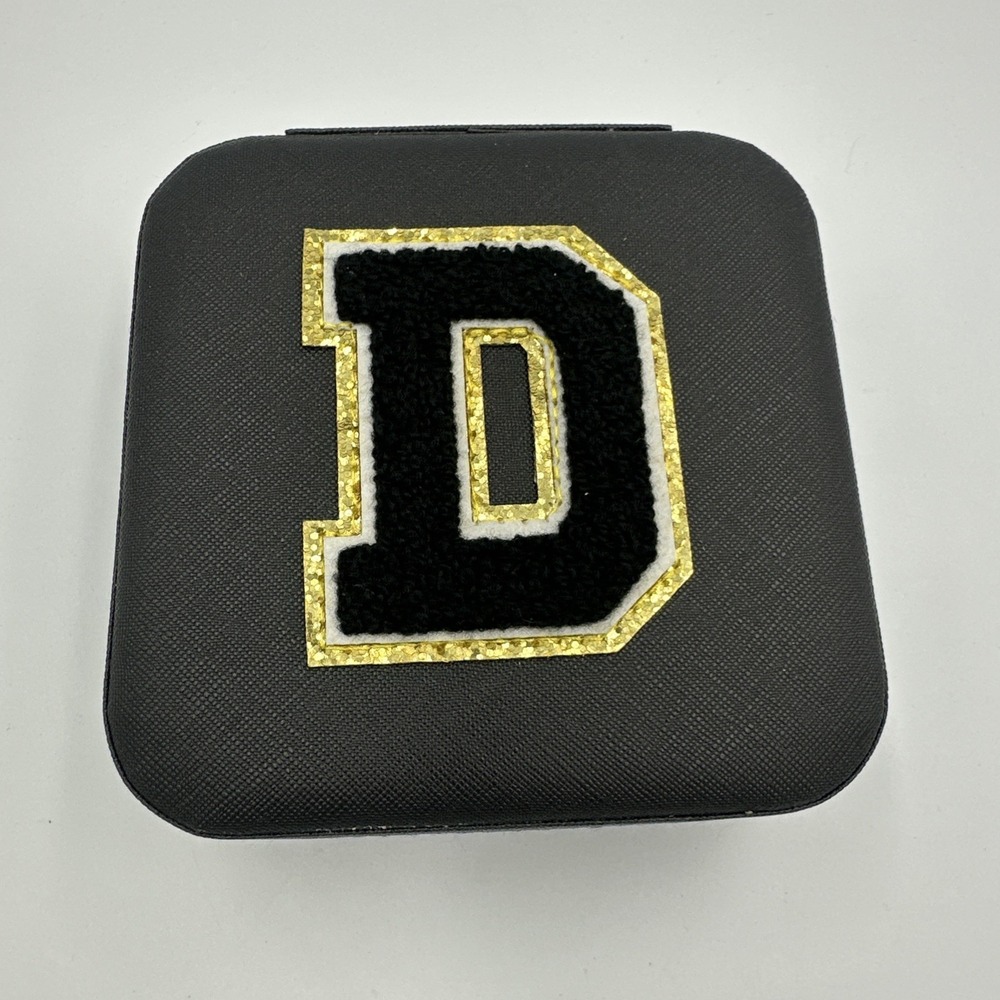 Travel Jewelry Case Organizer Black Gold Monogram "D" Embellishment Zipper Close